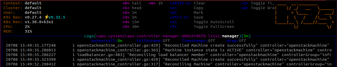 capo-controller logs in K9s